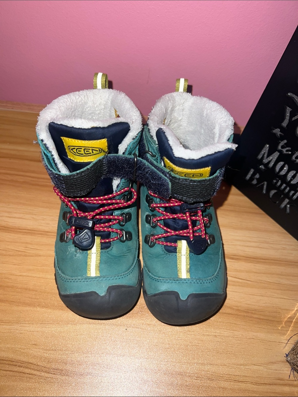 KEEN Kids Teal and Yellow Winter Boots with Red Laces